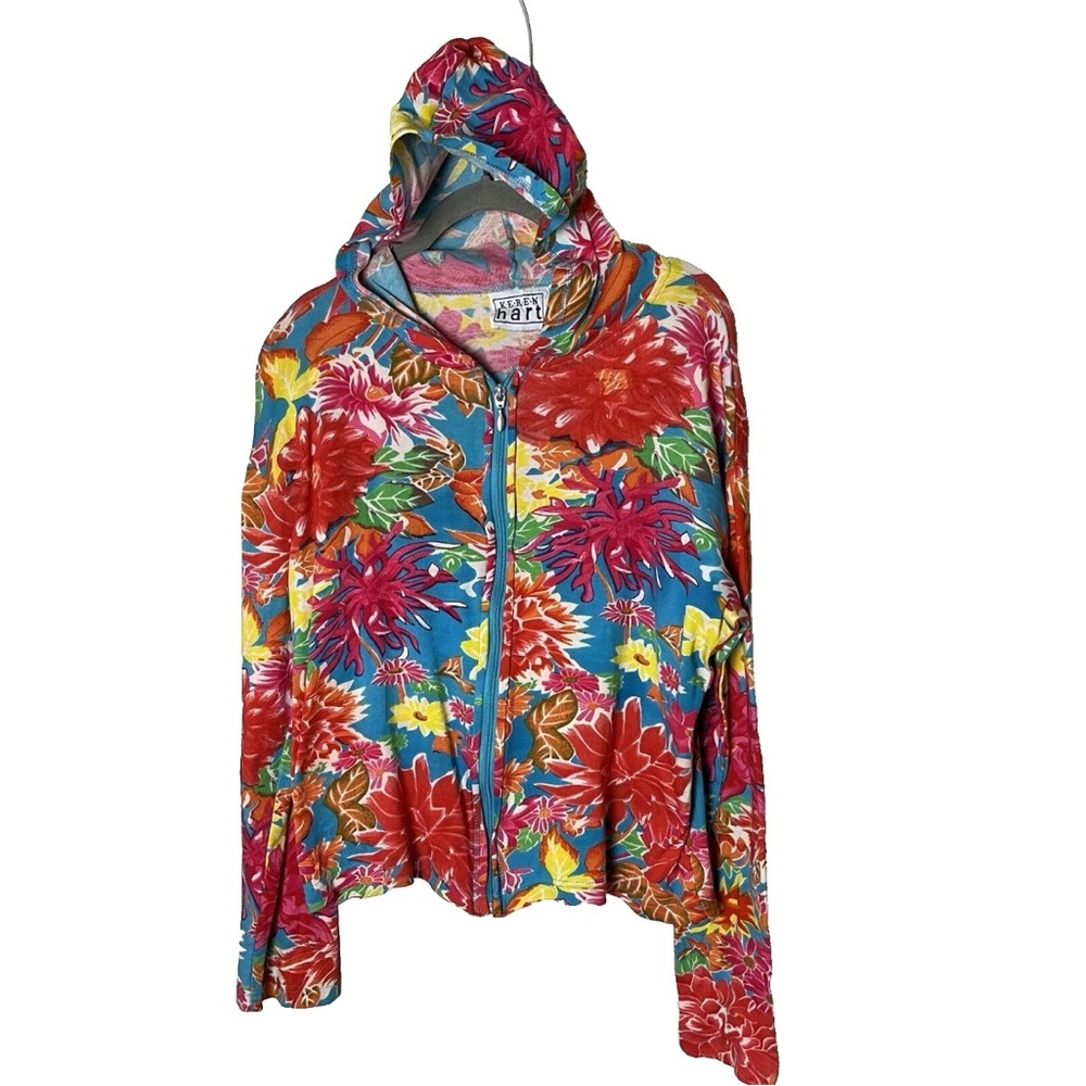 Karen Hart Full Zip Top Size Small Hoodie Floral Colorful Tropical Cotton Casual